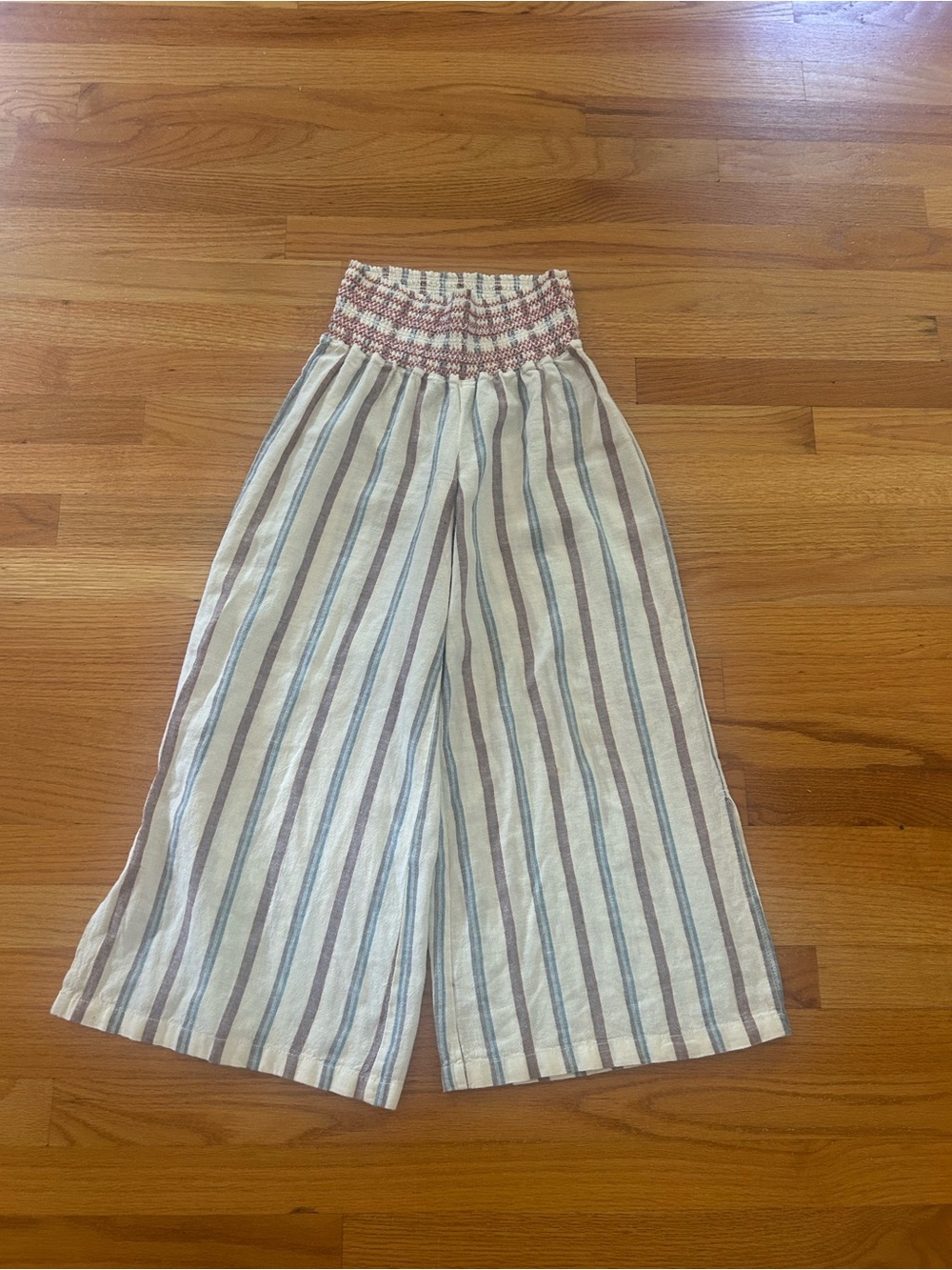 Rewash Cream Striped Wide-Leg Pants with Pink Smocked Waist
